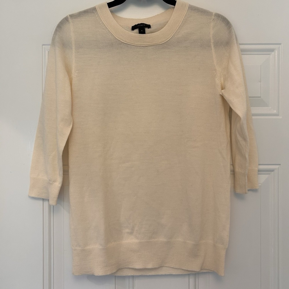 J.Crew Womens Small 100 Merino Wool 3/4 Sleeve Crewneck Sweater Cream Classic